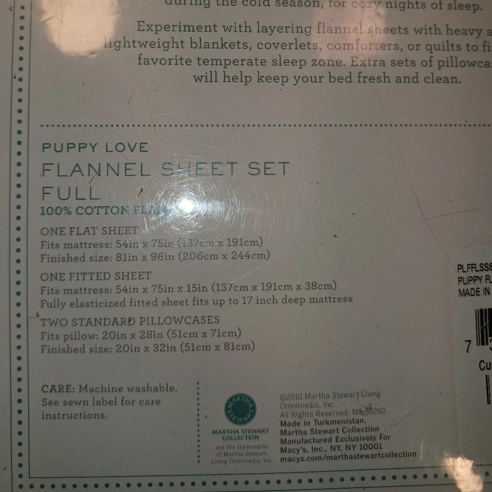 Martha Stewart Collection FULL Flannel Sheet Set PUPPY LOVE Dogs in Sweaters